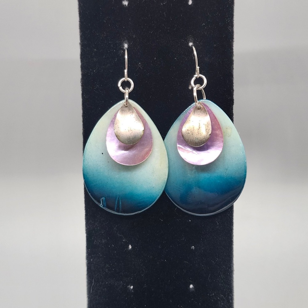 Iridescent Shell Layered Teardrop Dangle Earrings Approx 2" L Multi-Color